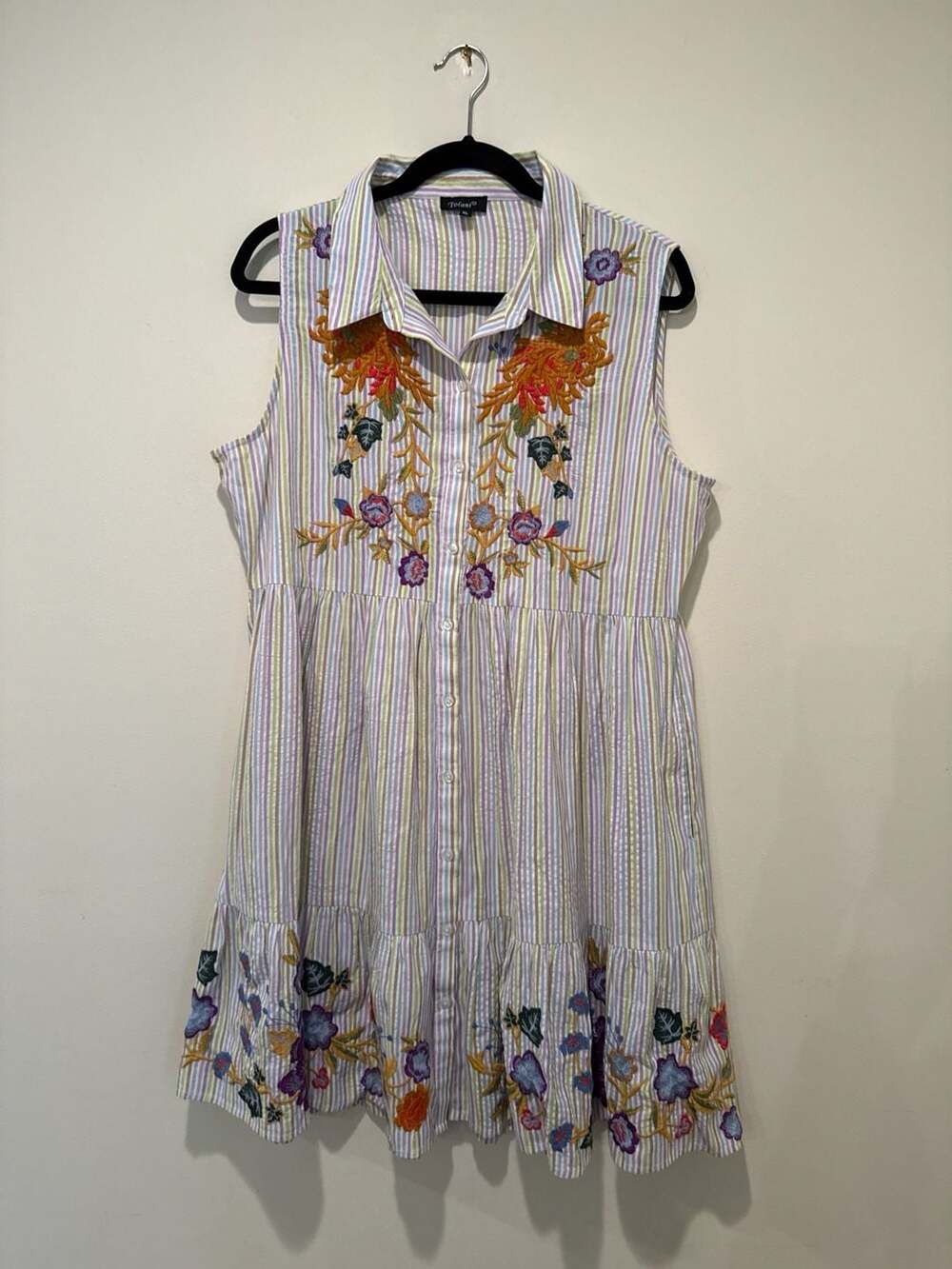 Tolani Sleeveless Striped Floral Embroidered Tiered Shirt Dress Size XL
